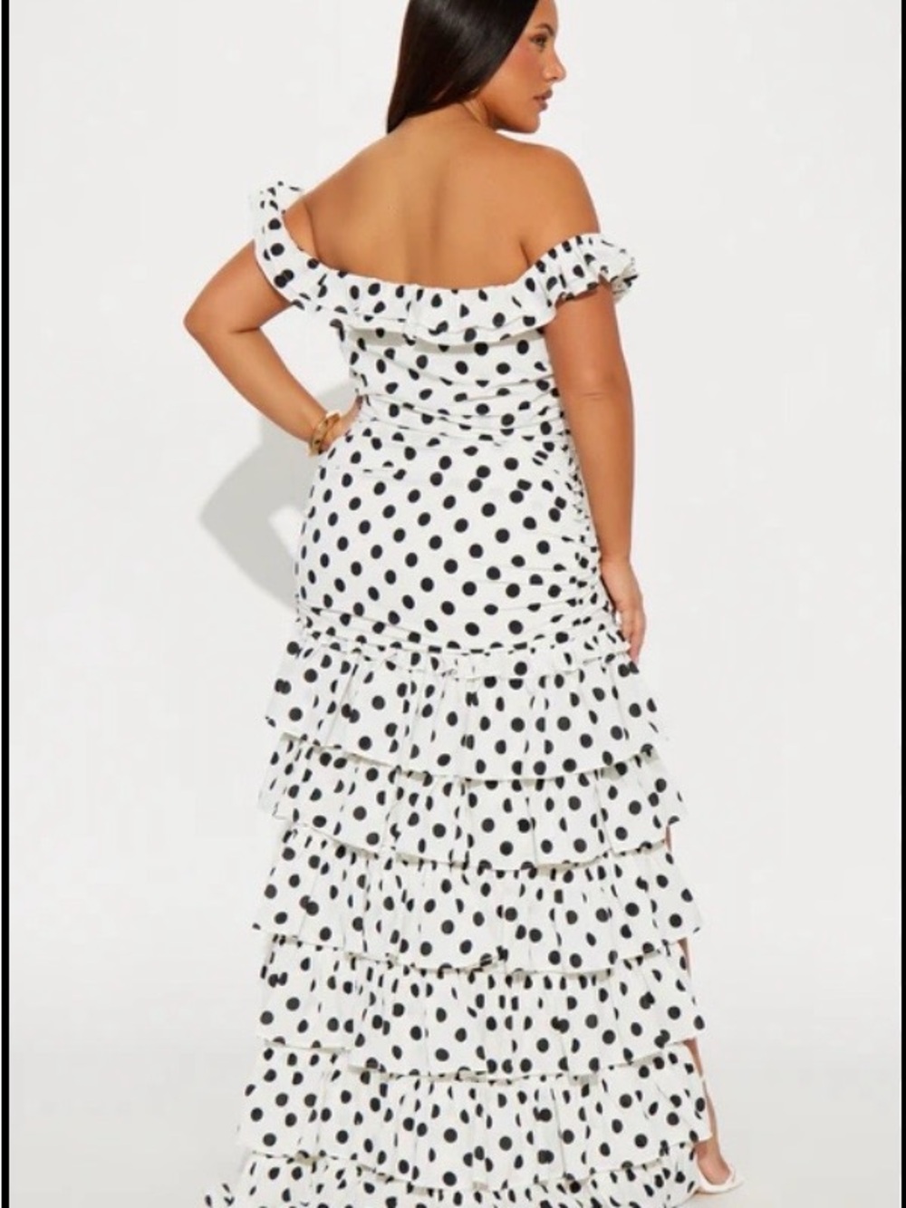 Fashion Nova White & Black Polka Dot One-Shoulder Ruffle Maxi Dress - Picture 3 of 11